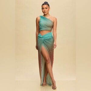 NWT Luxxel Green/Brown Pleated Skirt Set